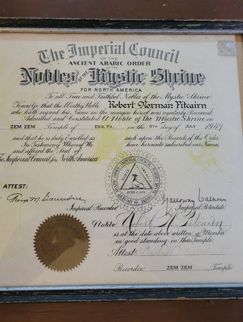 Vintage 1940s Nobles of The Mystic Shrine Shriners Membership Certificate